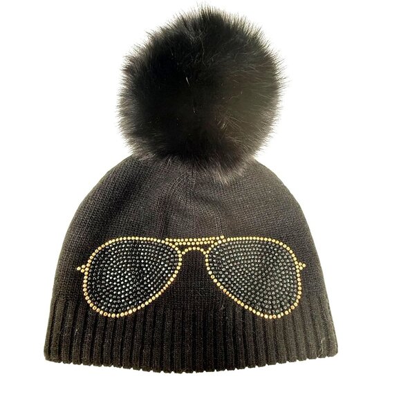 Gorsuch Black Pom Beanie Aviator Sunglasses Crystal Bling Toboggan Winter Hat - Picture 1 of 3